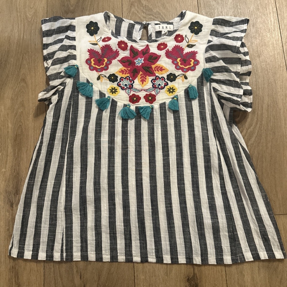 THML Floral Embroidered Babydoll Top Size S Striped Gauzey Flutter Sleeve Boho‎